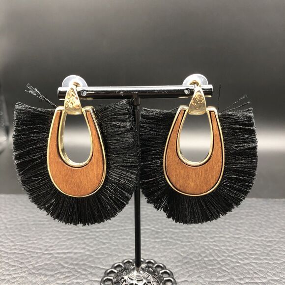 Fringe Earrings Wood Inlay Black Fiber Door knocker Gold Tone Studs - Picture 1 of 7
